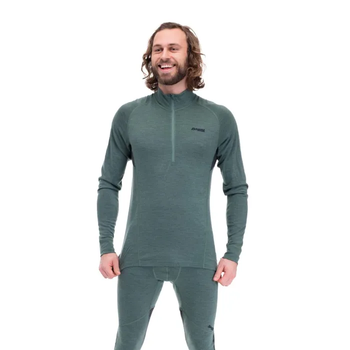Men Bergans Of Norway Wool Longsleeved Shirts InnerPure Half Zip Dark Jade Green