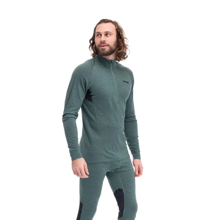 Men Bergans Of Norway Wool Longsleeved Shirts InnerPure Half Zip Dark Jade Green
