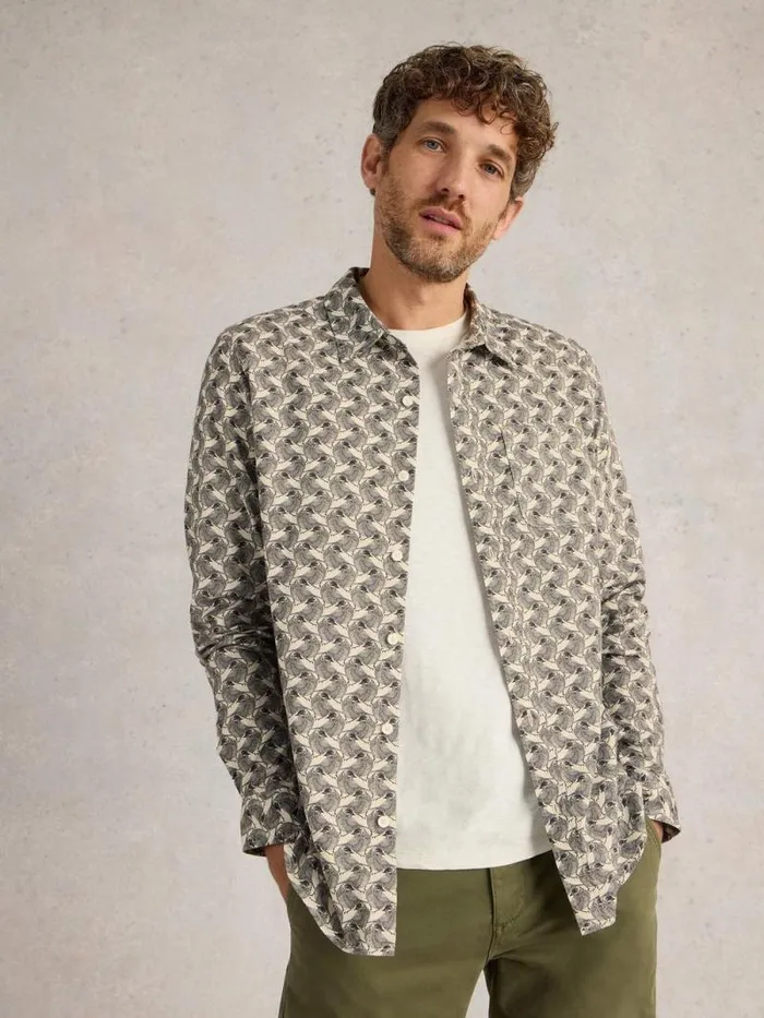 Men Bird Printed Shirt White Print White Stuff Shirts