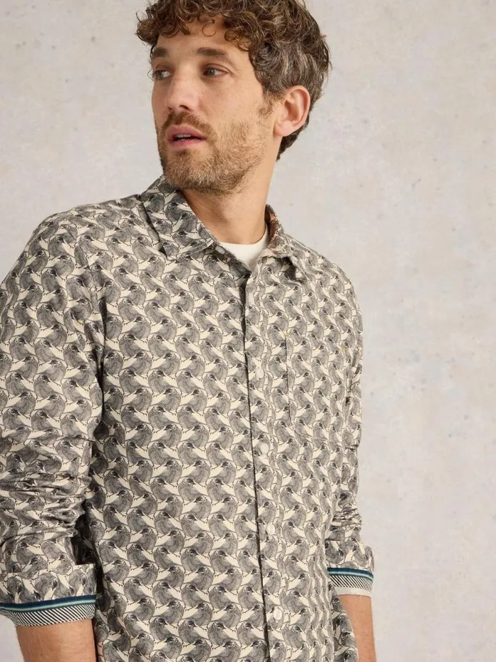 Men Bird Printed Shirt White Print White Stuff Shirts