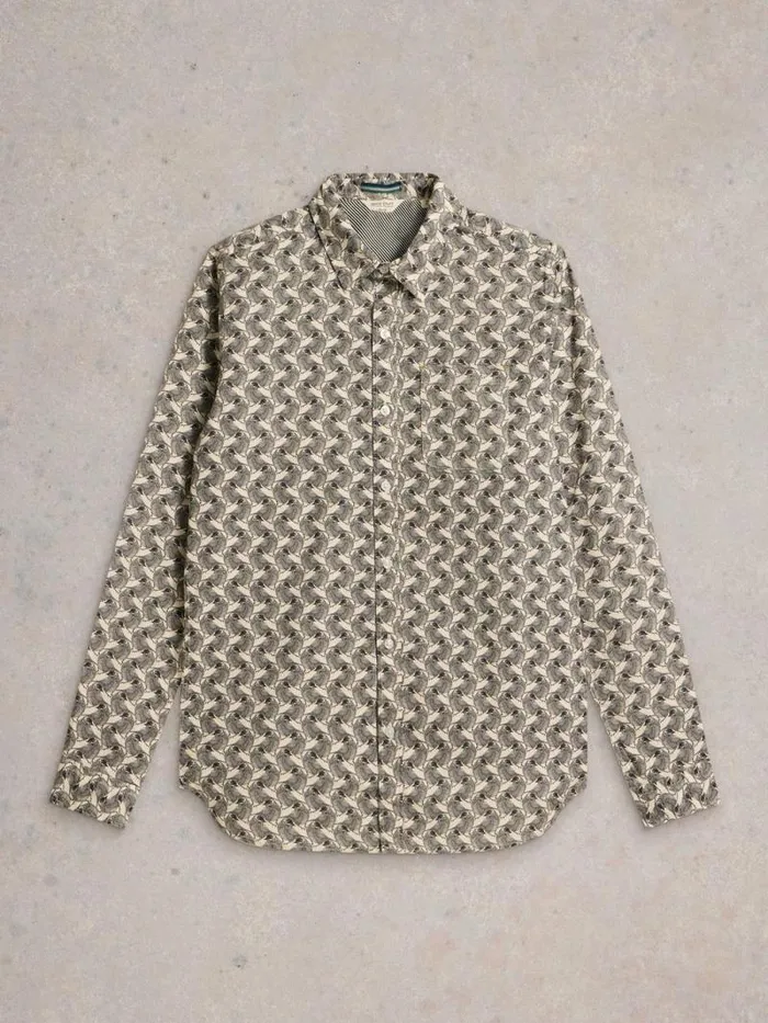 Men Bird Printed Shirt White Print White Stuff Shirts