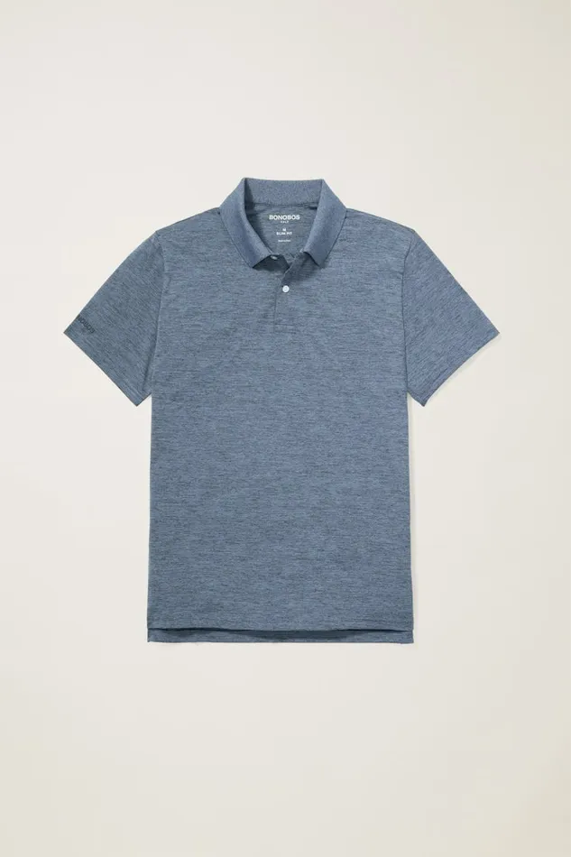 Men Bonobos Golf Polos and Tops The Performance Golf Polo Shirt Solid and Striped Heather Denim Blue
