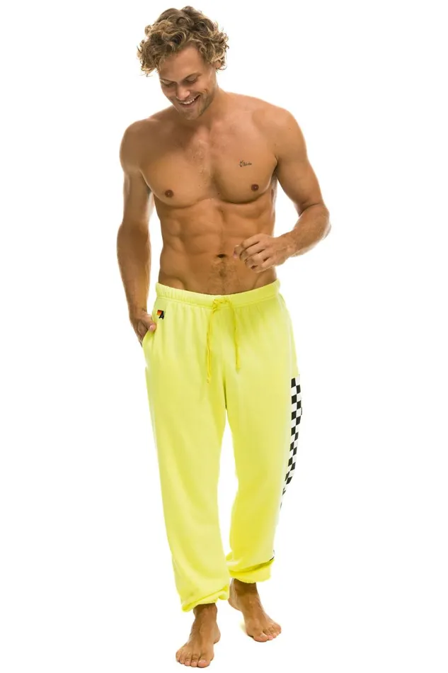 Men Bottoms Aviator Nation CHECK LEG SWEATPANTS 8211 NEON YELLOW Men Bottoms Aviator Nation CHECK LEG SWEATPANTS 8211 NEON YELLOW