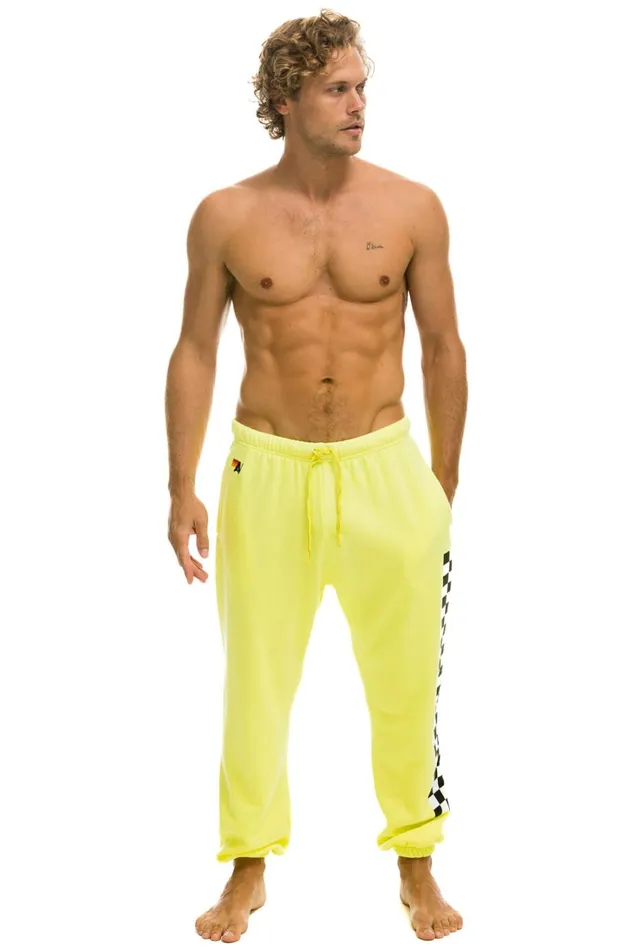 Men Bottoms Aviator Nation CHECK LEG SWEATPANTS 8211 NEON YELLOW Men Bottoms Aviator Nation CHECK LEG SWEATPANTS 8211 NEON YELLOW