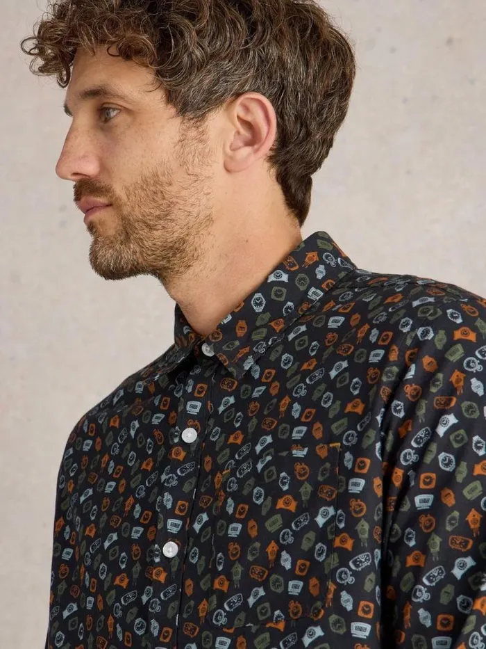 Men Clock Printed Shirt Navy Print White Stuff Shirts