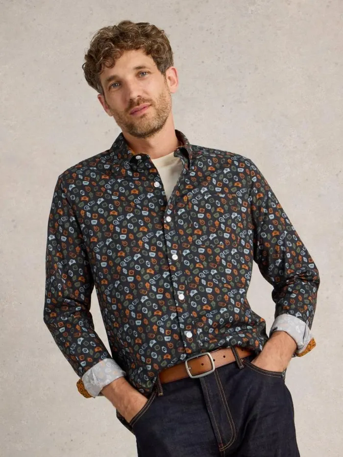 Men Clock Printed Shirt Navy Print White Stuff Shirts Men Clock Printed Shirt Navy Print White Stuff Shirts