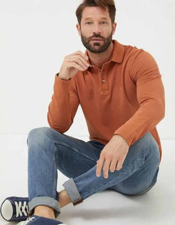 Men FatFace Men039s Sale Long Sleeve Pique Polo Washed Orange