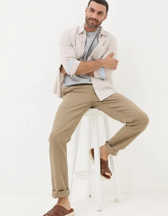 Men FatFace Pants and Chinos Straight Cotton Linen Pants Stone