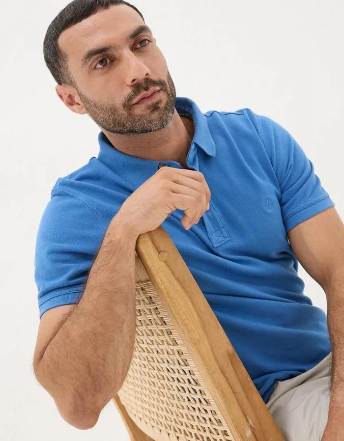 Men FatFace Polo Shirts Organic Cotton Pique Polo Bright Blue