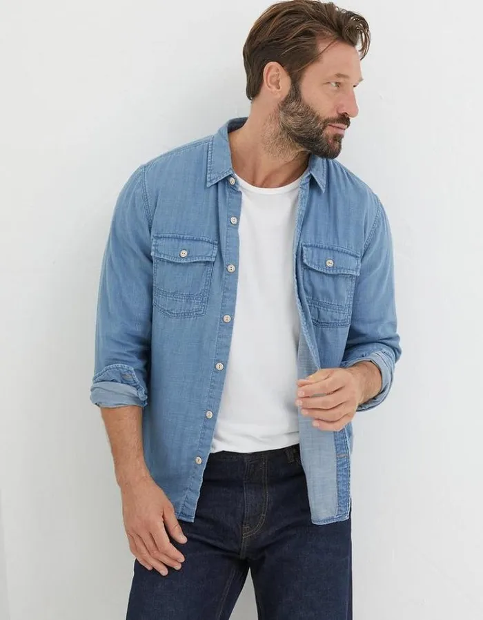 Men FatFace Shirts Drayton Indigo Shirt Light Denim Blue