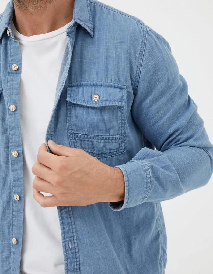 Men FatFace Shirts Drayton Indigo Shirt Light Denim Blue