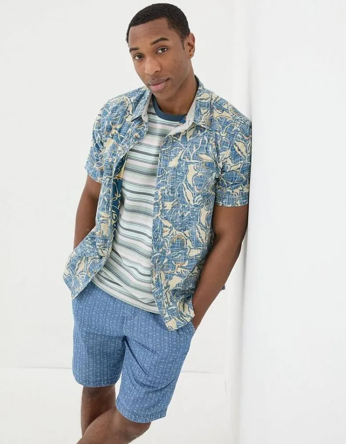 Men FatFace Shirts Vintage Tropical Print Shirt Blue