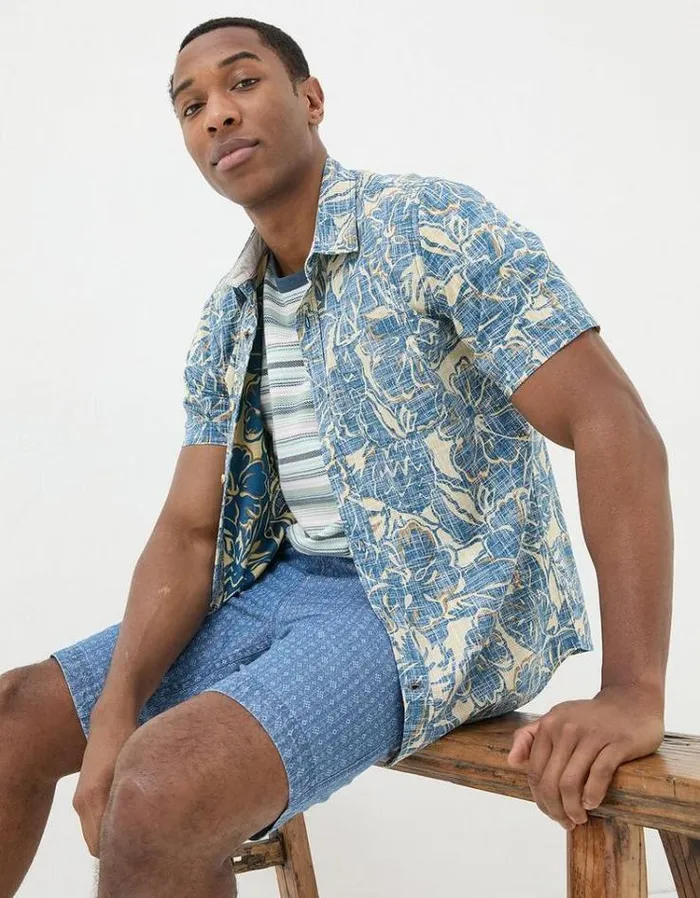Men FatFace Shirts Vintage Tropical Print Shirt Blue