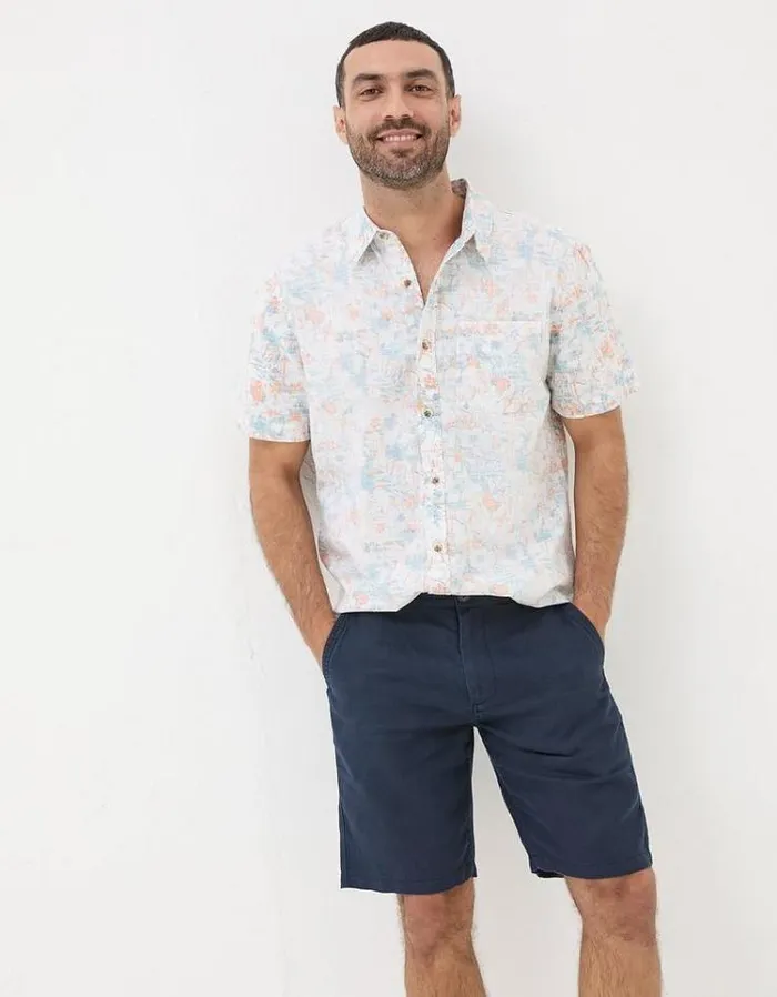 Men FatFace Shorts Linen Flat Front Chino Shorts Navy