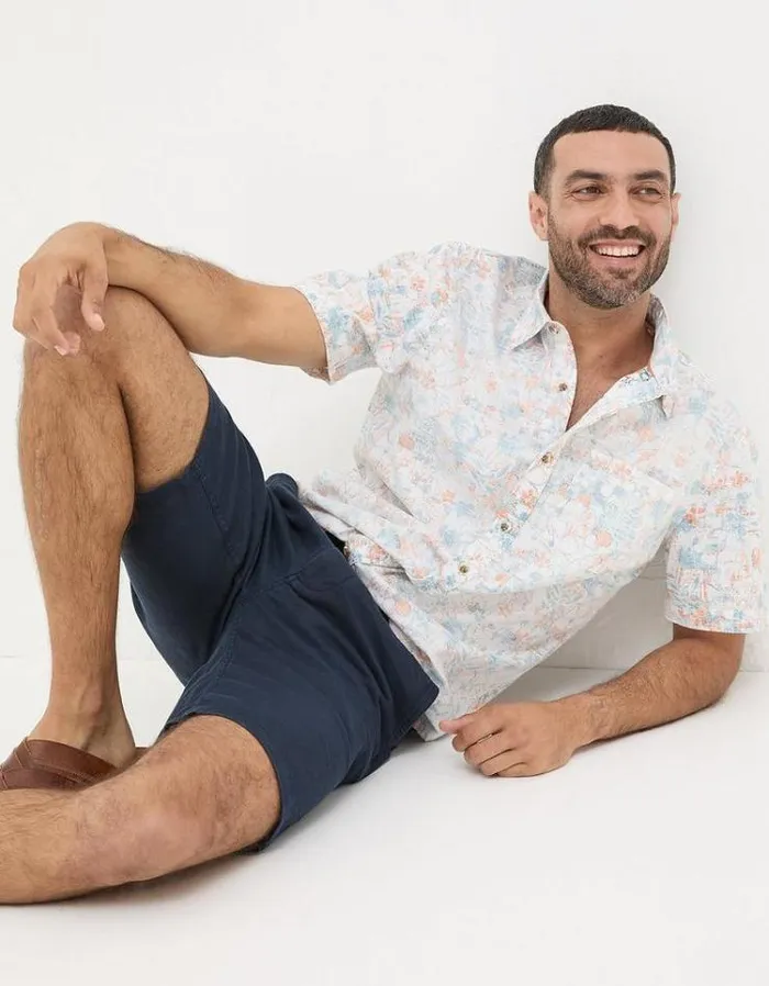 Men FatFace Shorts Linen Flat Front Chino Shorts Navy