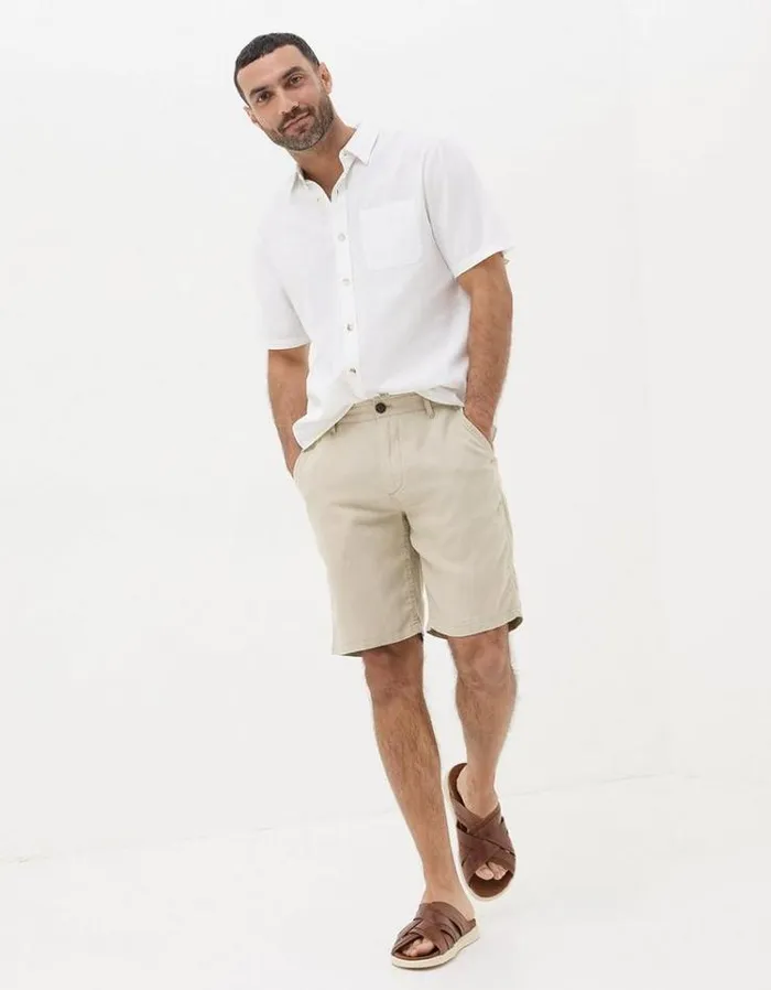 Men FatFace Shorts Linen Flat Front Chino Shorts Stone