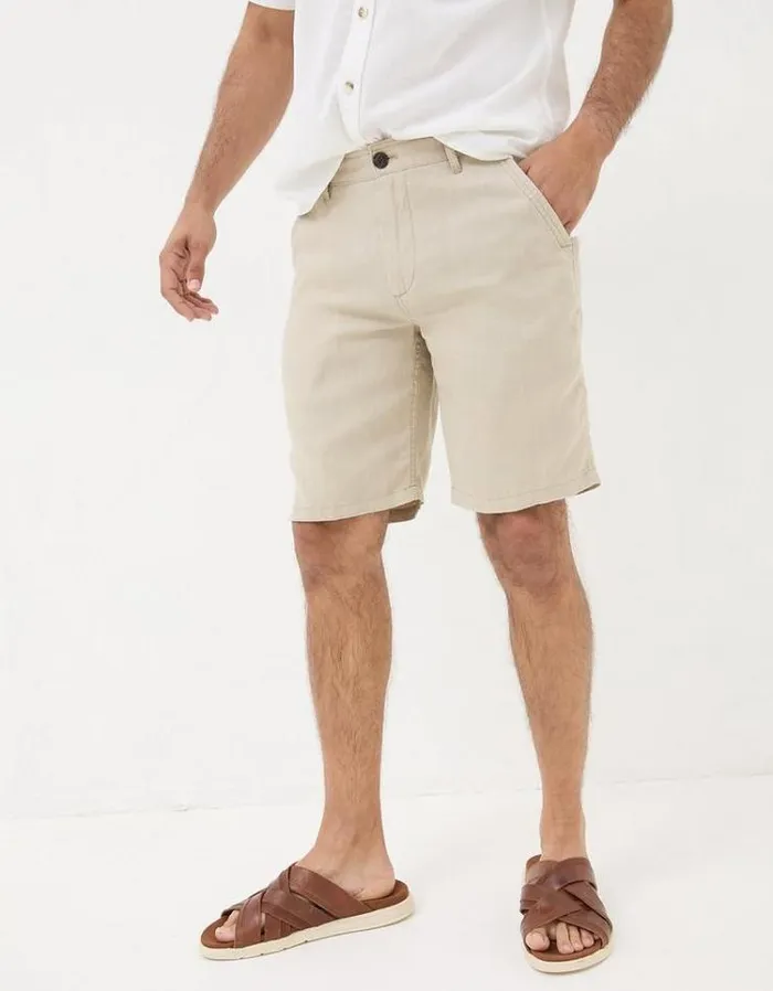 Men FatFace Shorts Linen Flat Front Chino Shorts Stone