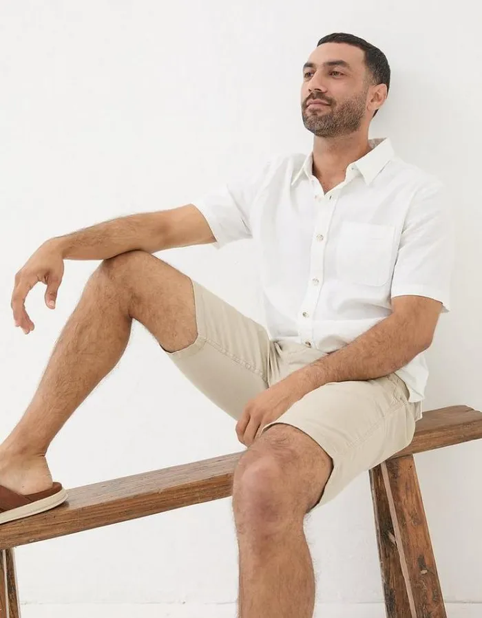 Men FatFace Shorts Linen Flat Front Chino Shorts Stone