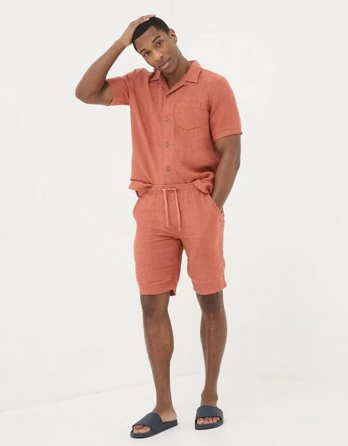Men FatFace Shorts Seaton Linen Pull On Shorts Burnt Orange