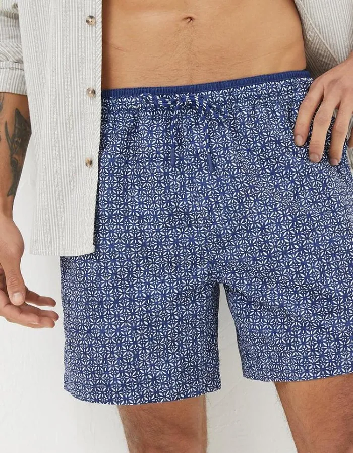 Men FatFace Swimwear Trevose Tile Print Swim Shorts Navy