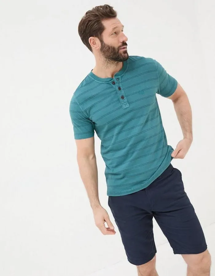 Men FatFace TShirts Short Sleeve Stripe Henley Teal Blue
