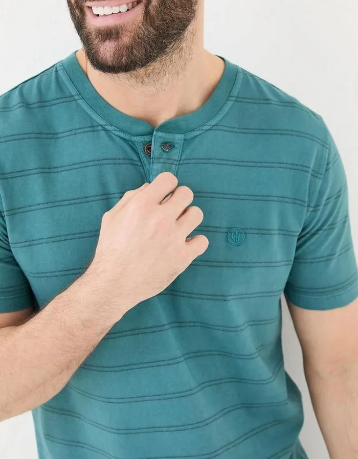 Men FatFace TShirts Short Sleeve Stripe Henley Teal Blue