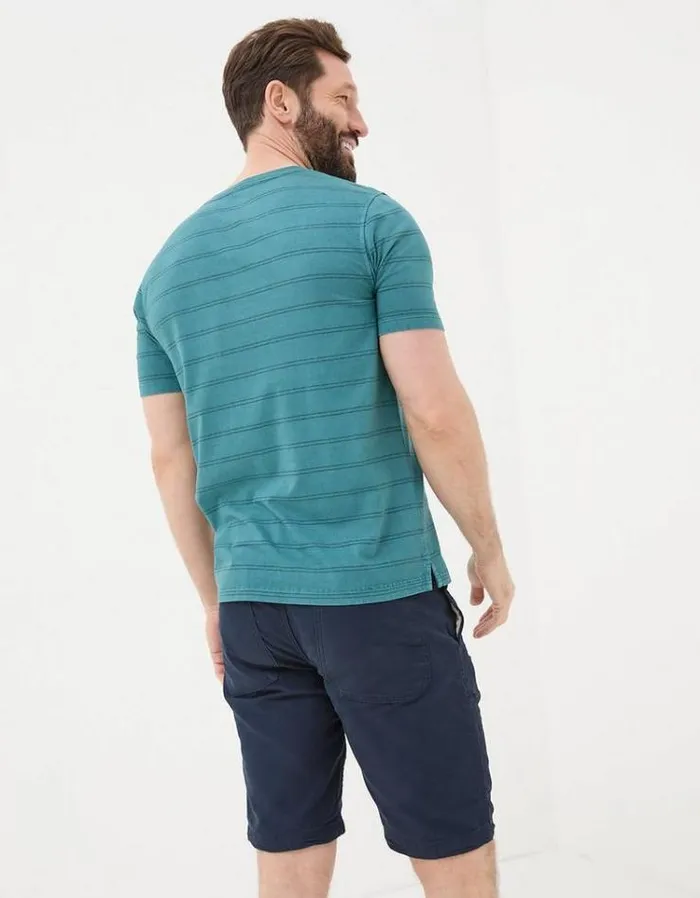 Men FatFace TShirts Short Sleeve Stripe Henley Teal Blue