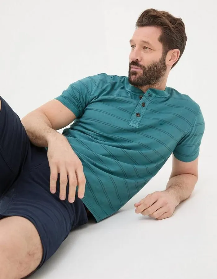 Men FatFace TShirts Short Sleeve Stripe Henley Teal Blue