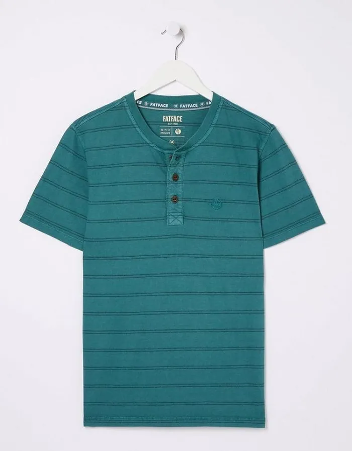 Men FatFace TShirts Short Sleeve Stripe Henley Teal Blue