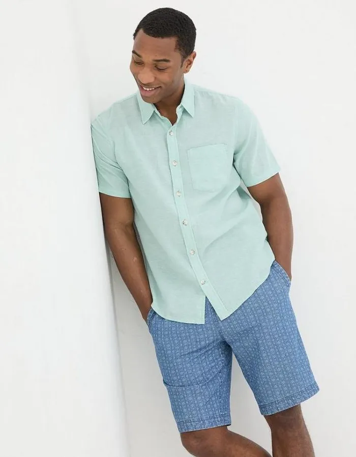 Men FatFace Vacation Shop Bugle Linen Cotton Shirt Turquoise Blue