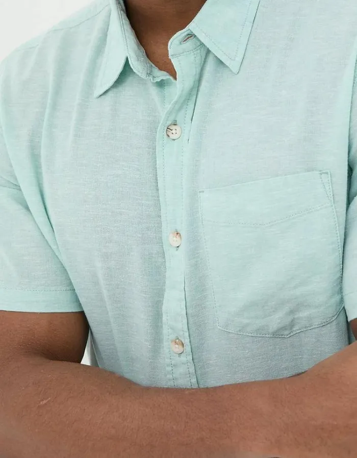 Men FatFace Vacation Shop Bugle Linen Cotton Shirt Turquoise Blue