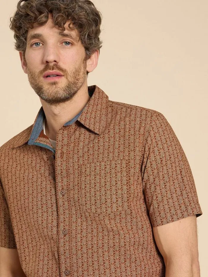 Men Geo Pineapple Printed SS Shirt Orange Print White Stuff Shirts