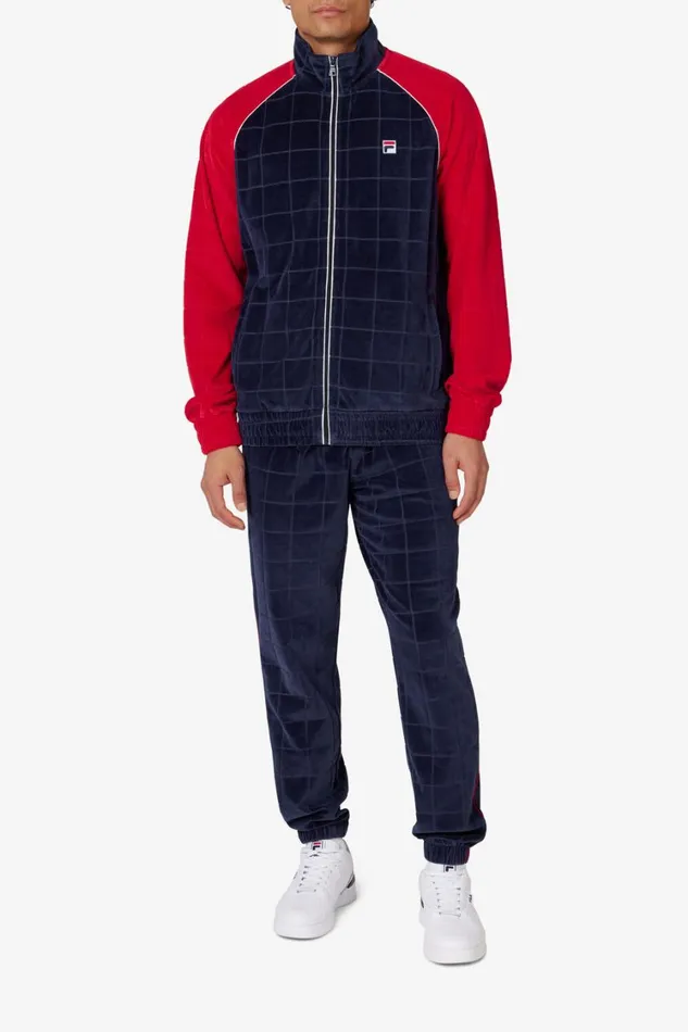 Men Matching Sets Fila Ivy League Debossed Check Velour Jacket 488 Fila Navy Fila Red Gardenia