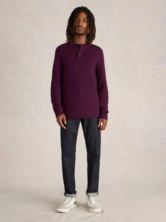 Men Newport Merino Wool Henley Dk Plum White Stuff Knitwear