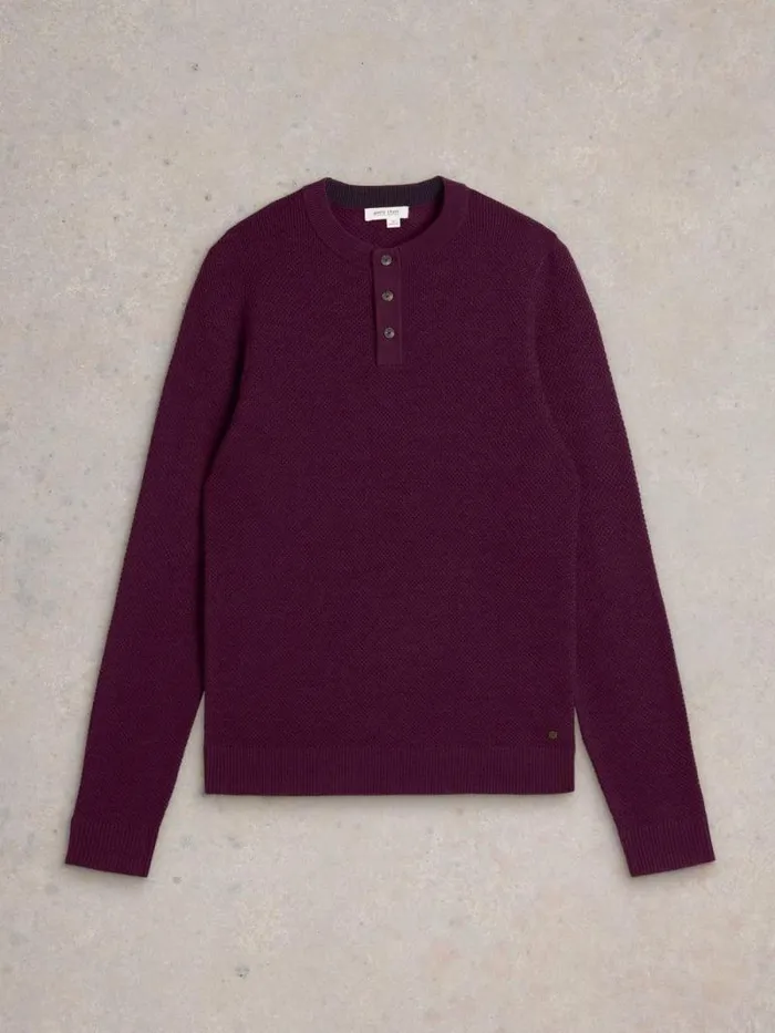Men Newport Merino Wool Henley Dk Plum White Stuff Knitwear