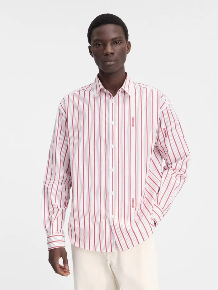 Men Shirts JACQUEMUS The Simon Shirt Jacquard Business Logo Stripes Red White Men Shirts JACQUEMUS The Simon Shirt Jacquard Business Logo Stripes Red White
