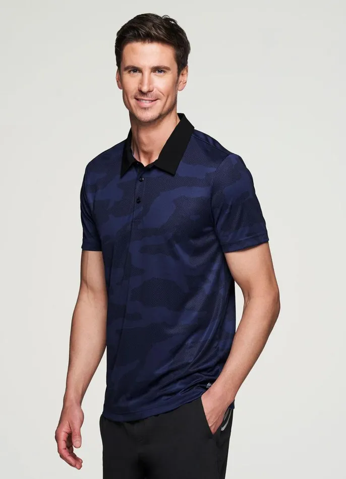 Men Stay On Course Camo Polo Navy RBX Active Golf Shirts