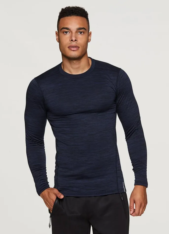 Men Stratus Fleece Lined Compression Base Layer Tee Dark Blue RBX Active Long Sleeve