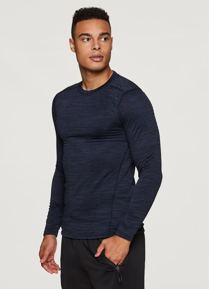 Men Stratus Fleece Lined Compression Base Layer Tee Dark Blue RBX Active Long Sleeve