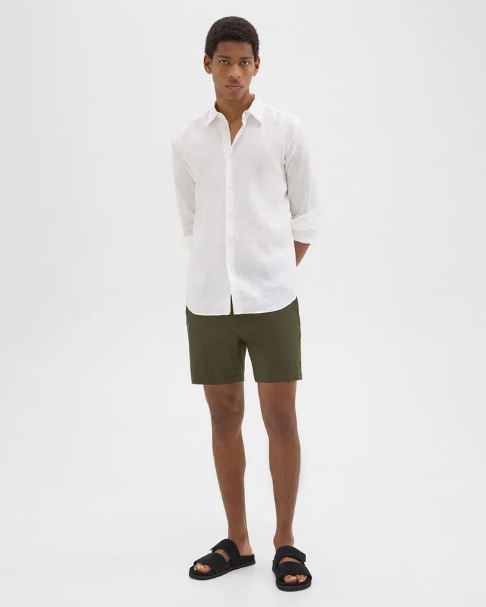 Men Theory Pants Curtis 7quot Drawstring Short In Good Linen Dark Olive
