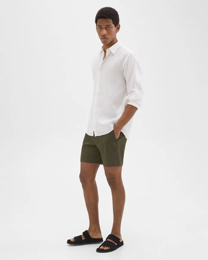 Men Theory Pants Curtis 7quot Drawstring Short In Good Linen Dark Olive