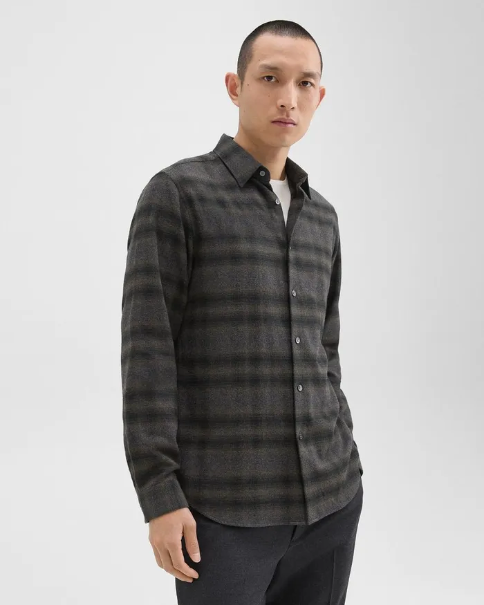 Men Theory Shirts Irving Shirt In Plaid Cotton Flannel Hunter Green Melange