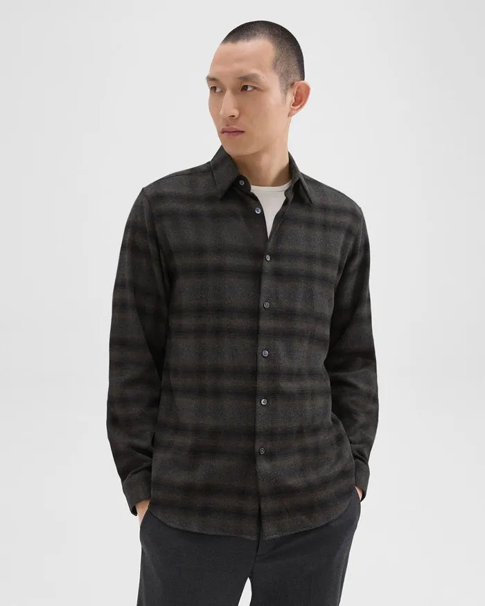 Men Theory Shirts Irving Shirt In Plaid Cotton Flannel Hunter Green Melange