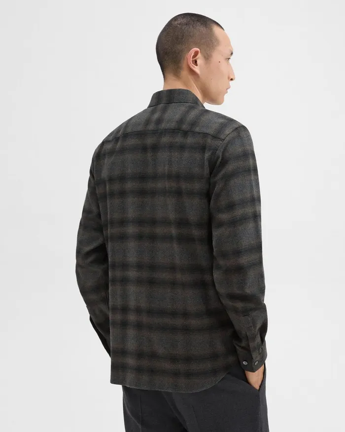 Men Theory Shirts Irving Shirt In Plaid Cotton Flannel Hunter Green Melange