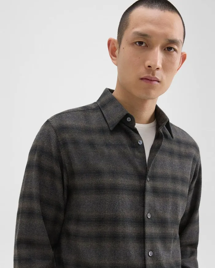 Men Theory Shirts Irving Shirt In Plaid Cotton Flannel Hunter Green Melange