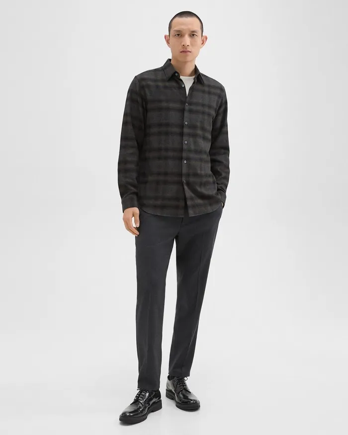 Men Theory Shirts Irving Shirt In Plaid Cotton Flannel Hunter Green Melange