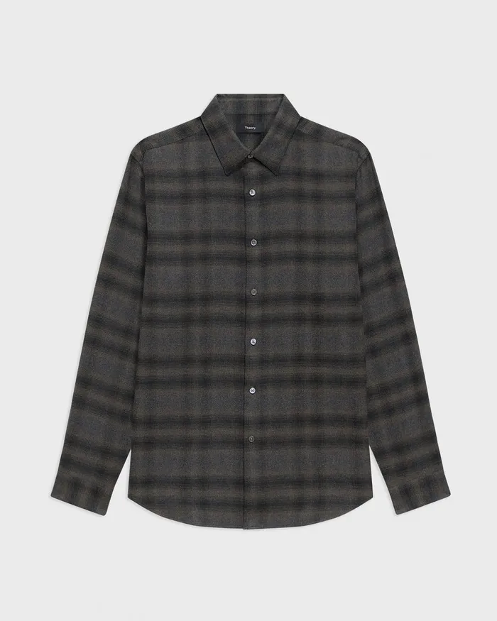 Men Theory Shirts Irving Shirt In Plaid Cotton Flannel Hunter Green Melange