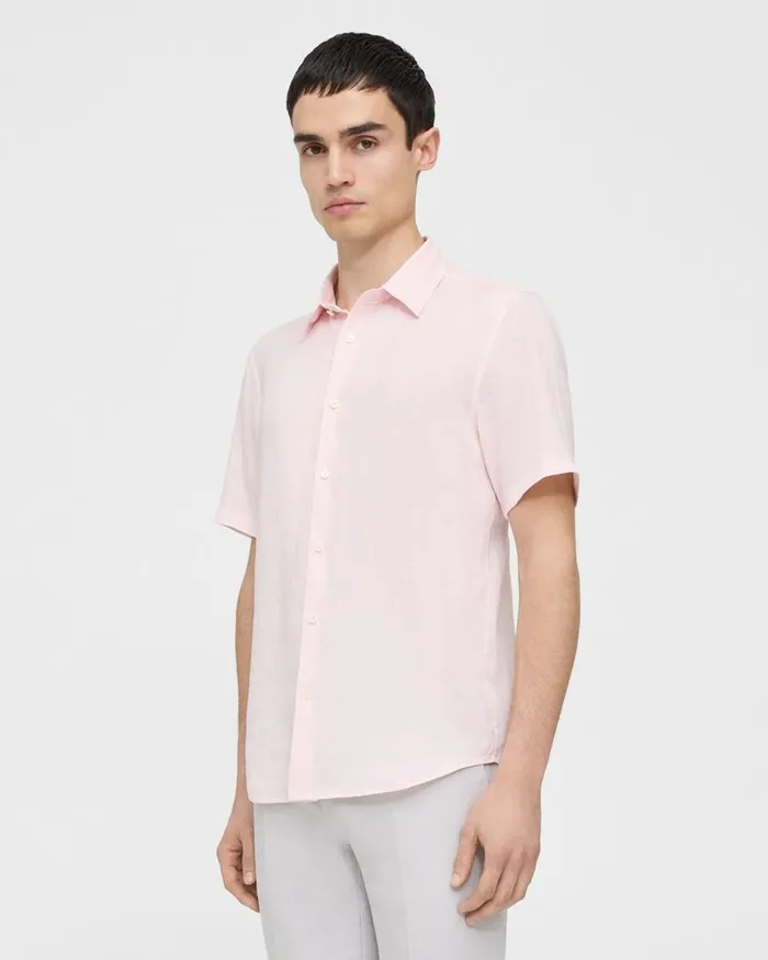 Men Theory Shirts Irving ShortSleeve Shirt In Relaxed Linen Cradle Pink