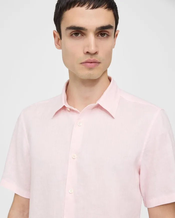 Men Theory Shirts Irving ShortSleeve Shirt In Relaxed Linen Cradle Pink