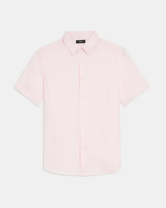 Men Theory Shirts Irving ShortSleeve Shirt In Relaxed Linen Cradle Pink